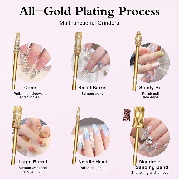 Alety Electric Nail Drill Kit - Portable File for Acrylic Gel Nails, Professional Machine Efile Manicure Pedicure Tools With Gold Drill Bits for Home Salon Use