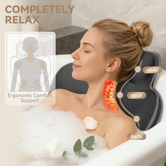 Bath Pillows for Tub - Luxury Bathtub Pillow Neck, Head, Back Support, Soft 5D Mesh Fabric and Non-Slip Suction Cups & Quick Dry, Comfort Fits All Tubs, Relaxation Spa Gift, Grey