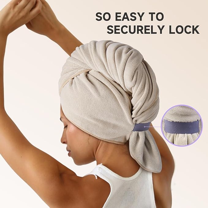 Umisleep 100% Microfiber Hair Towel, 41" x 22" Super Absorbent Towel Wrap with Elastic Loop, Large Curly Hair Towel for Women Long, Thick Hair, Camel