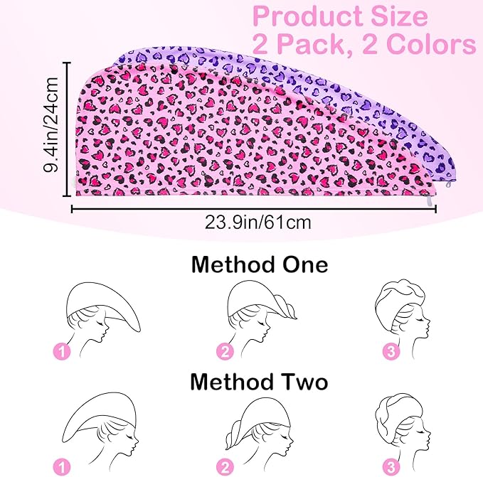 Basumee Microfiber Hair Towel Wrap for Kids 2 Pack Rapid Drying Hair Towel with Button Hair Turbans for Wet Hair Wraps Head Towel Wrap for Women and Girls