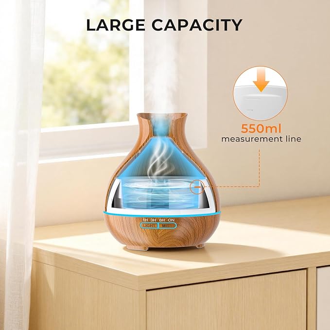 BZseed Aromatherapy Essential Oil Diffuser 550ml 12 Hours Wood Grain Aroma Diffuser with Timer Cool Mist Humidifier for Large Room, Home, Baby Bedroom, Waterless Auto Shut-off,7 Colors Lights Changing