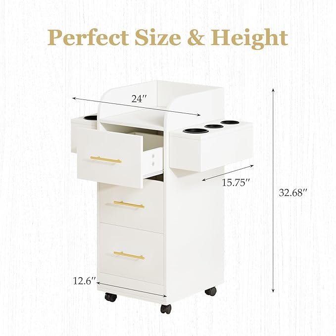 4ever2buy Rolling Salon Station for Hair Stylist, Salon Trolley Cart with with Wheels, Hair Stylist Beauty Barber Station, 6 Hair Dryer Holders & 3 Drawers, White and Gold