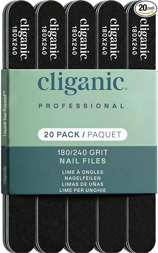 Cliganic 20 Pack Nail File Set: 180/240 Grit | Professional Emery Boards for Natural, Gel & Acrylic Nails | Washable Double Sided Kit 20 Count (Pack of 1)