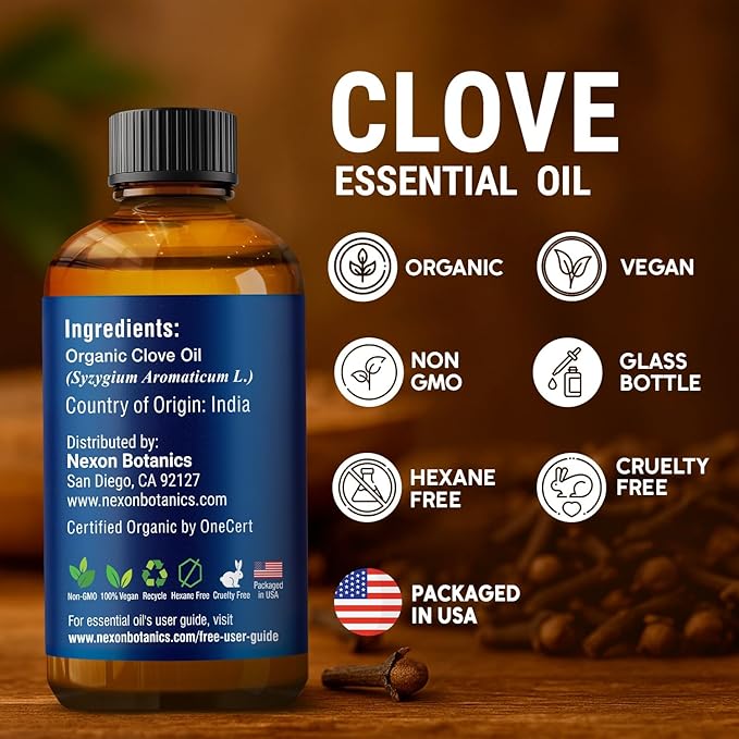 Organic Clove Essential Oil 30 ml - Pure, Natural, Undiluted for Toothache, Sore Muscles, Skin & Hair Care - Soothing Clove Bud Essential Oil - Nexon Botanics