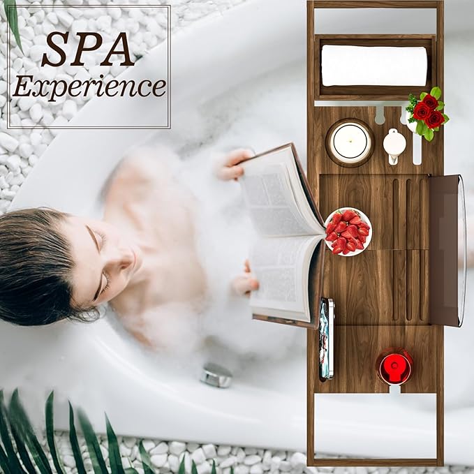 Premium Teak Bathtub Tray Caddy, Wooden Bath Caddy Trays for Bathtub, Bath Tub Wood Tray Table for Tub,Expandable Size, Fits Most Bath Tubs