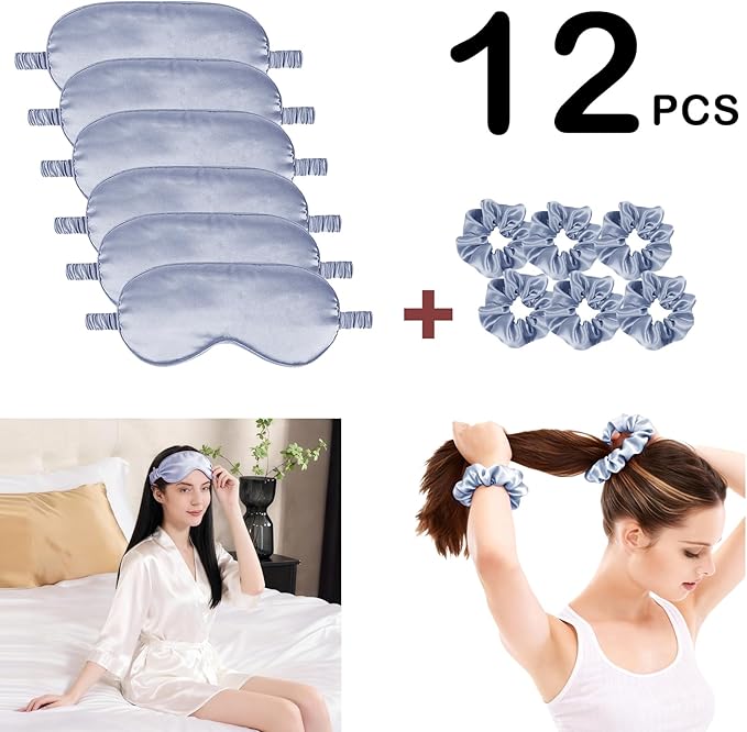 12Pcs Silk Sleep Masks Satin Eye Mask Silky Eyes Cover Blindfold Eyeshade Hair Ties Scrunchy Travel Bridesmaids Gifts