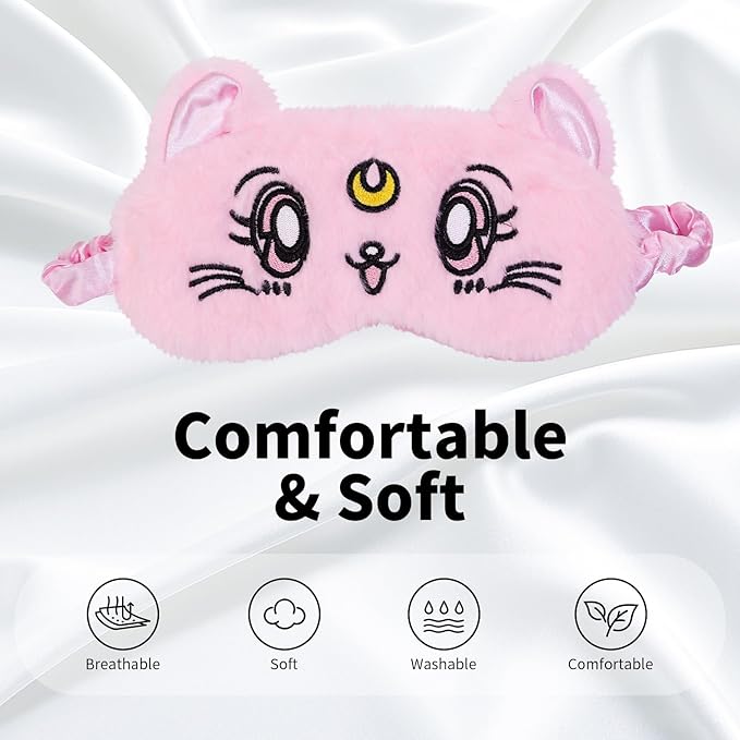 PERFECTSIGHT Sleep Eye Masks, Cute Cat Sleep Eye Cover Lightweight Adjustable Eyeshade Mask Cover for Women Men Sleep Travel Nap, Pink+White Kitty