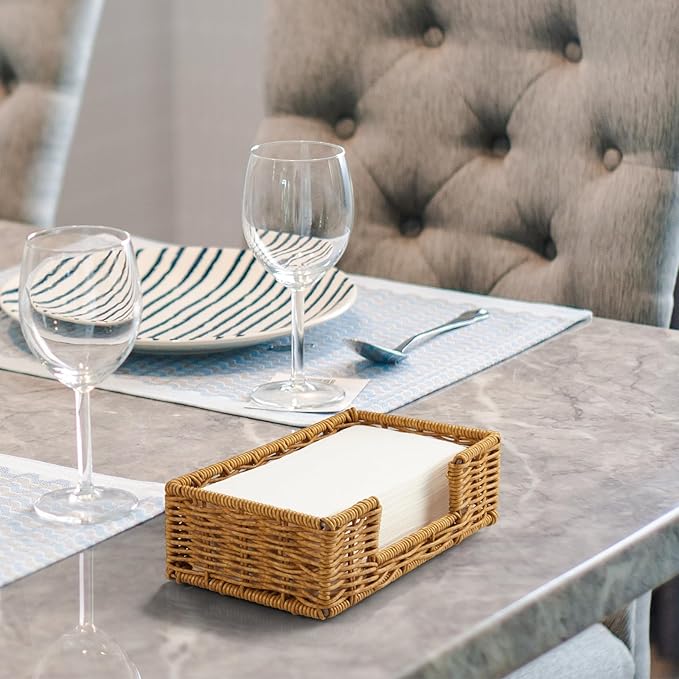 Napkin Holder for Bathroom, Woven Wicker Synthetic Rattan Guest Towel Holder Tray, Disposable Paper Hand Towel Holder for Bathroom Accessories, Dinner Napkin Holder for Kitchen Table Party