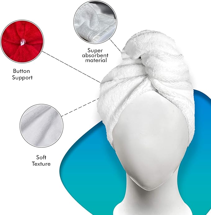 KEEPOZ Hair Towel Wrap Quick Dry 100% Cotton Super Absorbent Turban Head Wrap for Women with Button, Non Microfiber Anti Frizz Hair Cap for Curly, Long & Thick Hair (Pink+White, 2 Pcs)