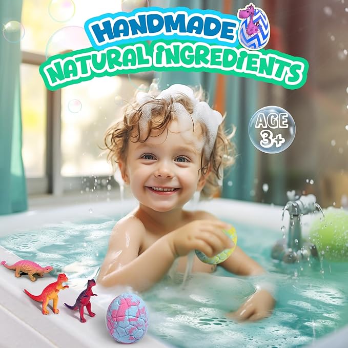 Bath Bombs for Kids with Dragon Toys Inside, Easter Basket Stuffers for Toddlers, Sanyi Dinosaur Toys Gifts for Kids 3-7, Dino Egg Fillers Bubble Bath Birthday Gifts for Boys Girls