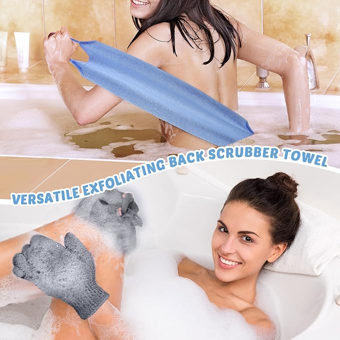 4 Pack Exfoliating Washcloth Back Scrubber Set, 2 Exfoliating Body Scrubber Nylon Back Body Scrub Towel, 2 Pairs Shower Gloves for Women Men Bath Shower Exfoliation(Gray, Blue)