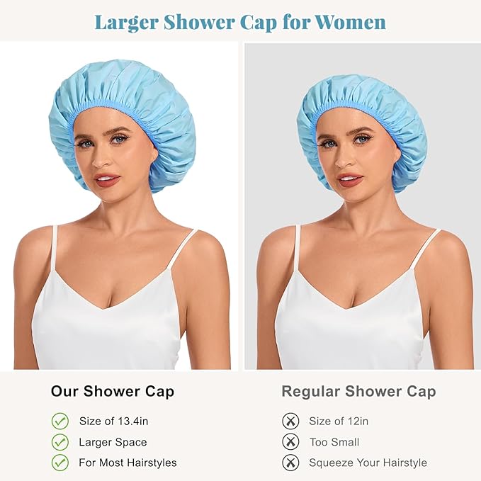 Shower Cap for Women Waterproof Reusable, Large Shower Cap Non-Slip with Elastic Band, Washable Bath Hair Hat for Long Hair, Braids (Light Blue)
