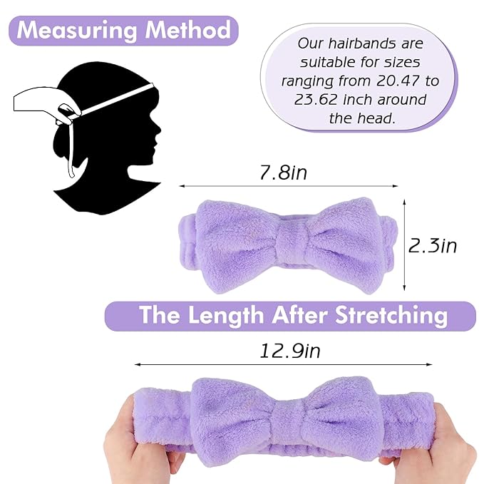 Zkptops 6Pcs Spa Headband for Washing Face Wristbands Set Women Bubble Makeup Sponge Terry Cloth Padded Puffy Skincare Headband Bow Tie Hairband Cute Non Slip Thick Hair Accessory Gifts (Purple)
