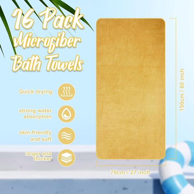 SmoothNovelty 16 Pack Microfiber Bath Towels Bulk 27'' x 60'' Oversized Beach Towel Highly Absorbent Extra Large Soft Drying for Shower Pool Salon Sauna Bathroom Gym Party (Simple,Camel)