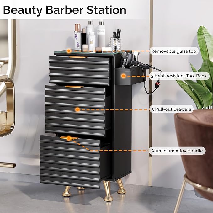 Professional Salon Station with Tempered Glass Top, 3 Drawers Hair Stylist & Barber Storage Cabinet with Heat Resistant Tool Holders, Beauty Spa & Home Organizer, Black