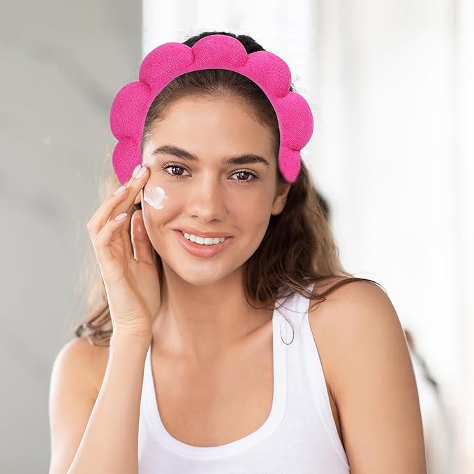 Beleki Spa Headband & Wristband Set - Sponge Terry Cloth Bubble Puffy Hairband - Non Slip Headwear - Hot Pink - 3 Pcs