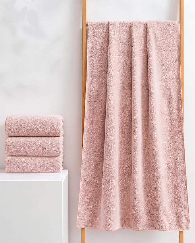 sakano 4-Piece Bath Towel Set,Quick-Dry Absorbent Lint Free & Launder Soft Coral Velvet Microfiber Towels for Bathing, Fitness, Spa, and Guest Use -Pink, 28 x 55 inches