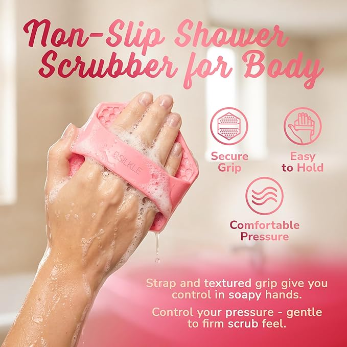 SILKLE Silicone Body Scrubber – Gentle Exfoliating Shower Scrubber for Body & Bath, Silicone Shower Brush & Loofah Alternative – Non-Slip Silicone Body Brush, Quick Dry, Hygienic - Pink