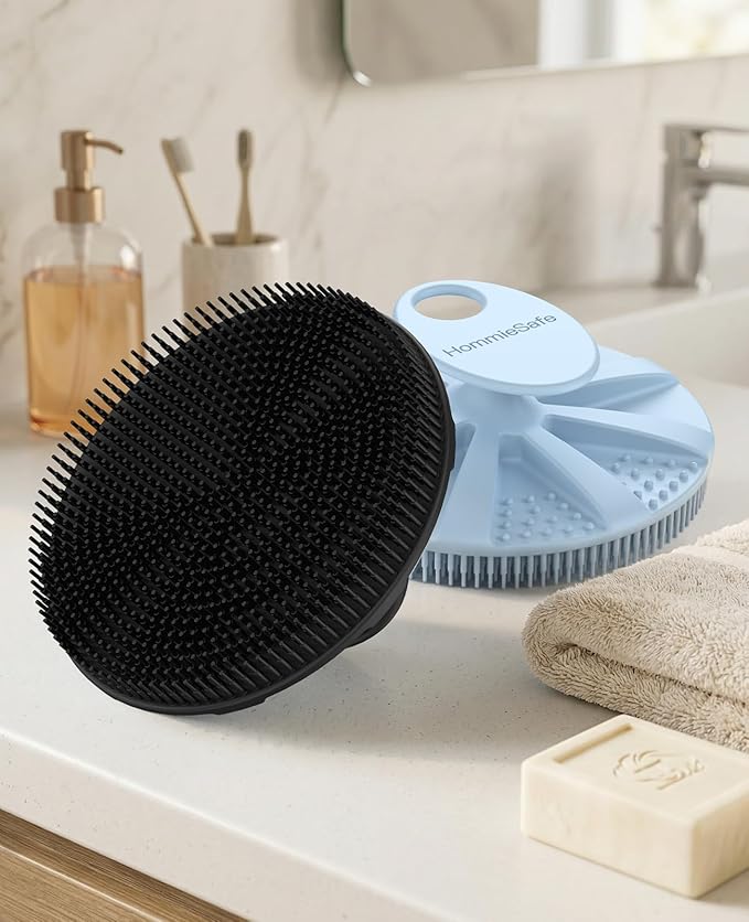 Soft Silicone Shower Brush Body Wash Bath Exfoliating Skin Massage Scrubber, Dry Skin Brushing Glove Loofah, Fit for Sensitive and All Kinds of Skin(Black)