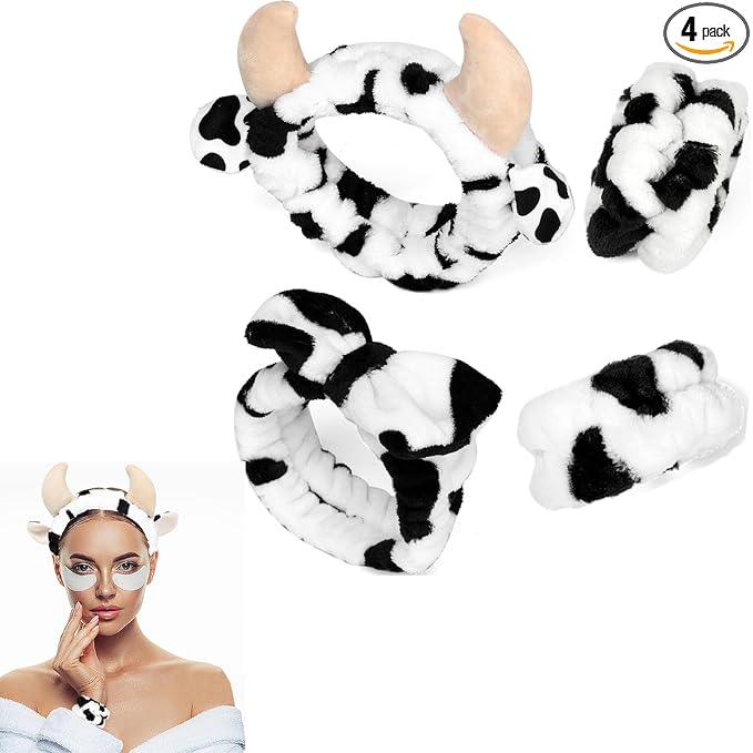 4PCS Cow Print Headbands for Washing Spa Face Wristband Set, Bath Makeup Skincare Hair Bands Western Highland Stuff Gifts for Women