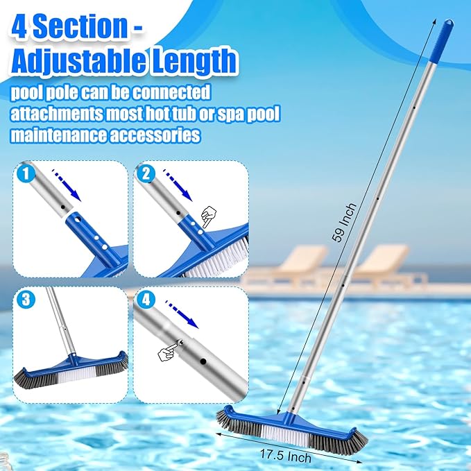 Tioncy 4 Pcs Pool Brushes Kit with 47" Pole Adjustable, 17.5" Pool Brush Head, Hand Scrub Brush & Scouring Sponge Pads with Aluminum Pole for Spa Hot Tub Bathroom Kitchen Home Tiles Walls Floors