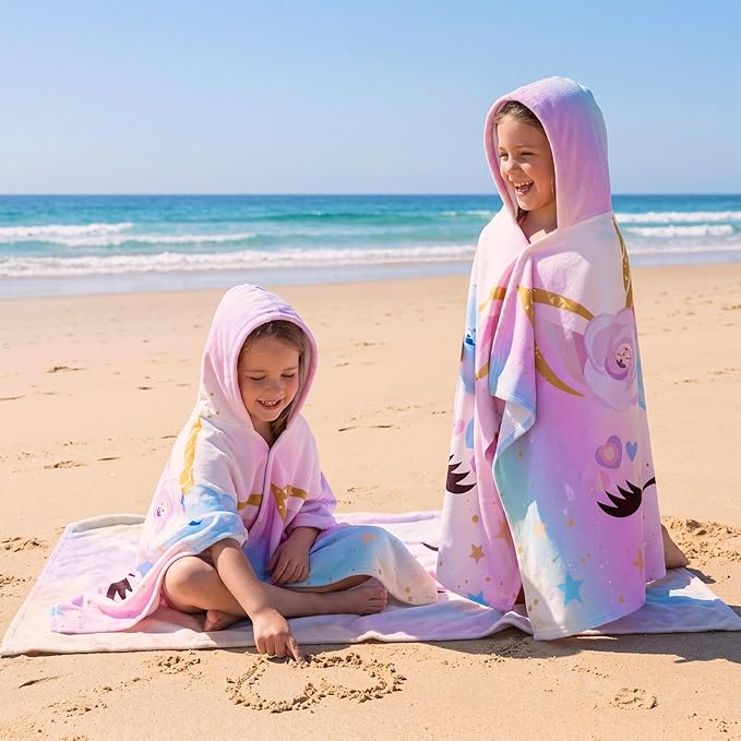 Peryiter 1 Pcs Unicorn Hooded Bath and Beach Towel 100% Cotton Pool Towels Wearable Bath Poncho Wrap for Swimming Shower Pool Travel Trips Vacations Absorbent Soft Cozy Beach Blanket