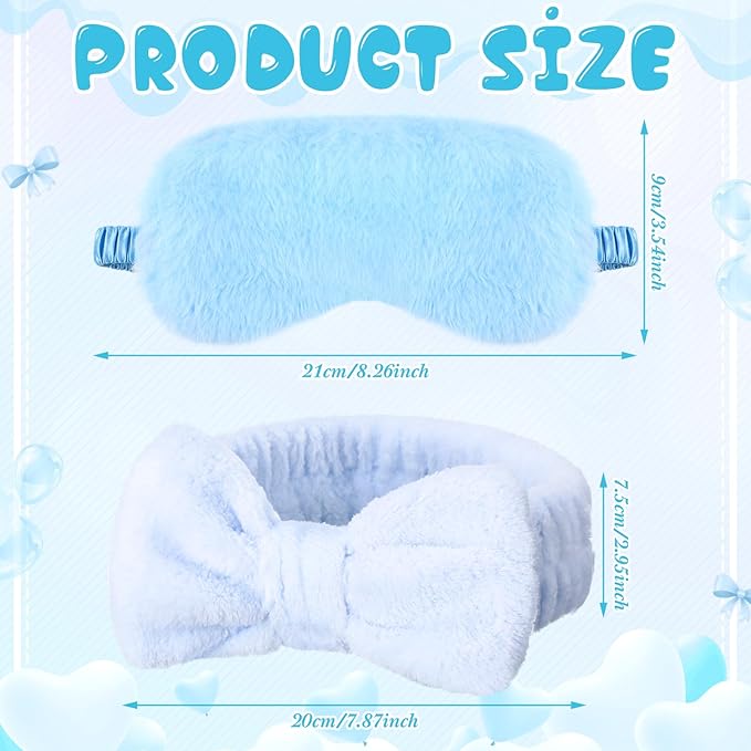 Jexine 24 Pcs Spa Slumber Party Headband Plush Sleep Eye Mask Bulk Bow Hair Band Makeup Headband for Sleepover Birthday Party Supplies Graduation Mother's Day Gift(Blue)