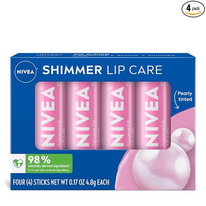 NIVEA Shimmer Lip Care, Shimmery Lip Balm Pack with Shea Butter, Nourishing Oils and Vitamin C & E, 3-in-1 Moisture, Repair and Shimmer, 0.17 Oz Stick, Pack of 4