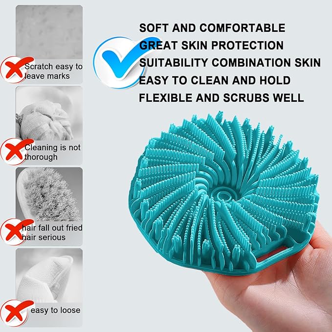 RamPula Silicone Body Scrubber, Silicone Loofah, Quick-Dry Exfoliating Body Brush for Wet or Dry Brushing, More Hygienic Than Traditional Loofah, Medium-Bristle Brush, Cyan and Bean Paste Pink