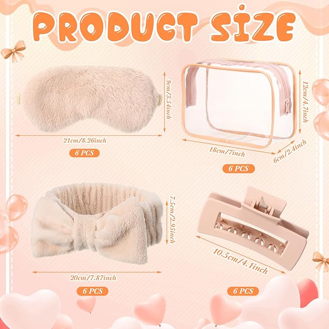 Hoteam 24 Pcs Spa Party Favors Supplies 6 Spa Headband 6 Plush Sleep Eye Mask 6 Hair Claw Clips 6 Clear Cosmetic Bags for Adult Sleepover Slumber Party Graduation Gift(Beige)