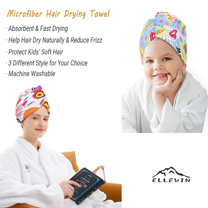 ELLEWIN Microfiber Hair Drying Towels for Kids, 3 Pack Wet Hair Towel Wrap Turban for Girls Children Women, Quick Dry Twisty Hair Towels Wrap for Curly Long Thick Hair Anti Frizz