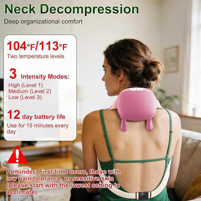 Nooydio Neck Massager, Neck and Back Massager with Heat & 4D Kneading, Shiatsu Deep Tissue Wireless Massager for Shoulder Cervical Pain Relief, Portable Rechargeable for Home Office (Pink)