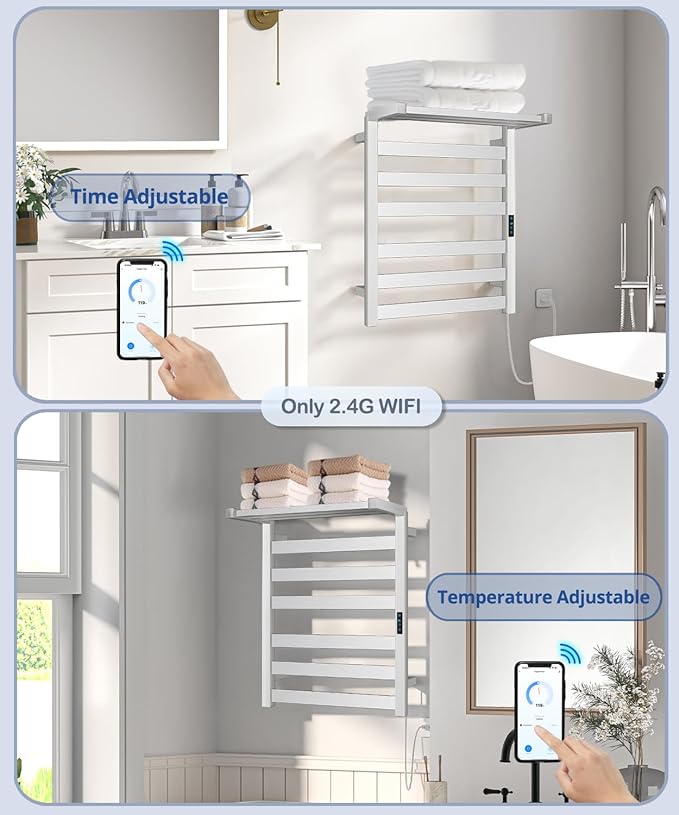 WiFi Heated Towel Rack Wall Mounted, Electric Towel Warmer with Foldable Bracket, Stainless Steel, LED Built-in Timer, Plug-in, Temperature & Timing Control, 6 Bars, Nickel Silver