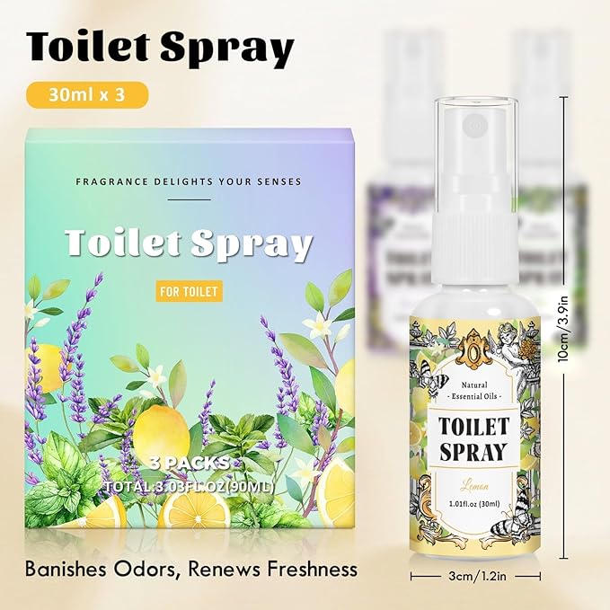 STRN Toilet Spray, 3-Pack Lemon, Mint & Lavender Natural Scent, Portable Instant Odor Deodorizer for Home, Bedroom, Travel Size