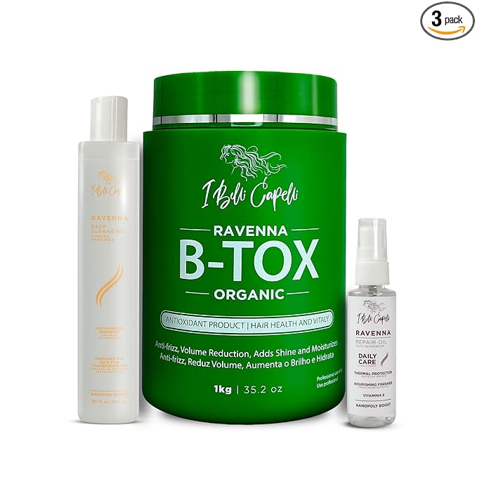 I Belli Capelli Ravenna B-tox Organic Smoothing Mask, Repair Oil, and Deep Cleansing Anti-Residue Shampoo – Complete Hair Straightening System for All Hair Types