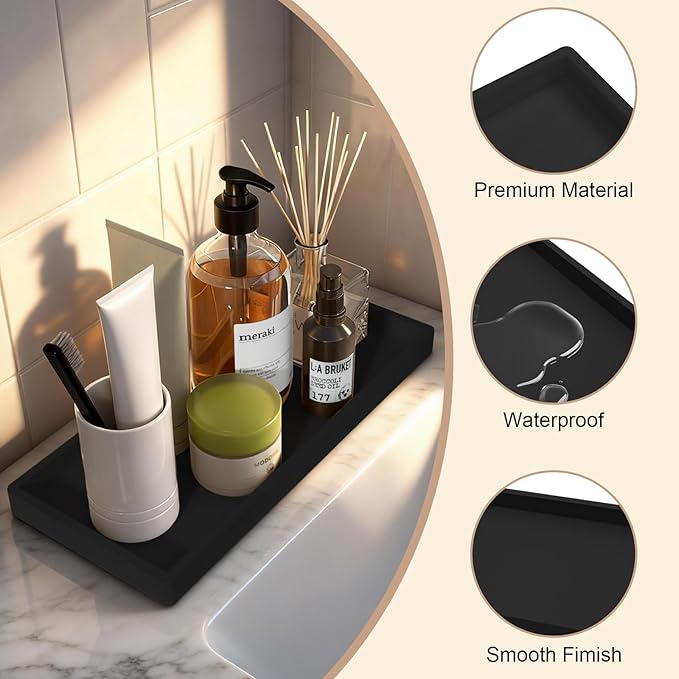 Bathroom Vanity Tray Black, Silicone 11.8 x 5 Inch Toilet Tank Tray Decor, Extra-Large Candle Tray for Bathroom Holders and Organizers, Waterproof Perfume Tray for Dresser for Vanity, Kitchen