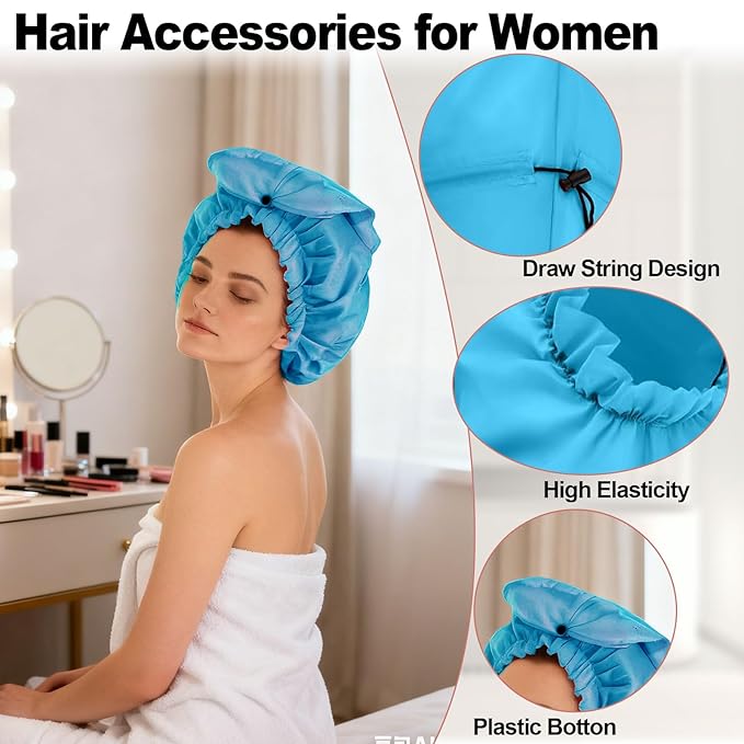 ELEBOX 4 Pack Extra Large Shower Cap for Braids/Curly Hair/Dreadlock | XL Bathing Cap with Adjustable Drawstring & Button | Reusable Waterproof Long Bonnets for Women Shower/Cooking/Cleaning/Spa