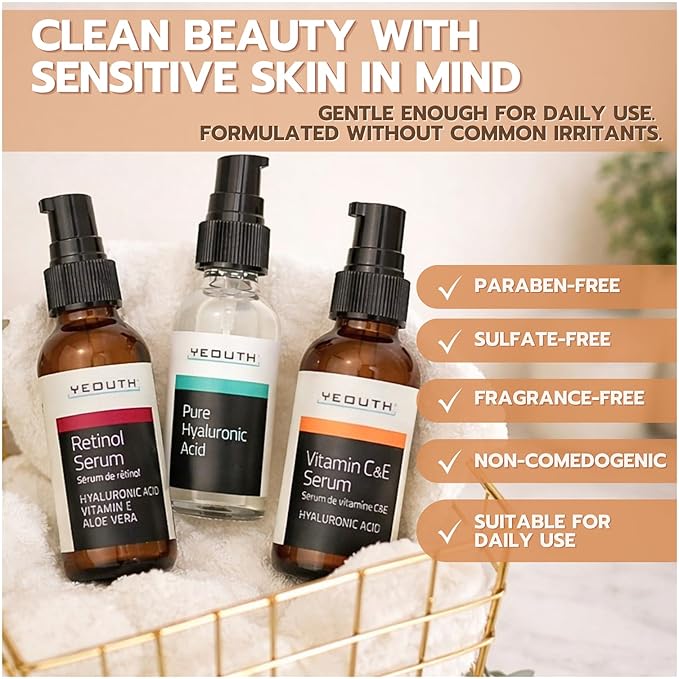 YEOUTH Skin Care Set: Retinol Serum for Face, Vitamin C and Hyaluronic Acid Face Serum, Facial Skincare Serums that Targets Appearance of Uneven Skin and Dryness 3x1 oz