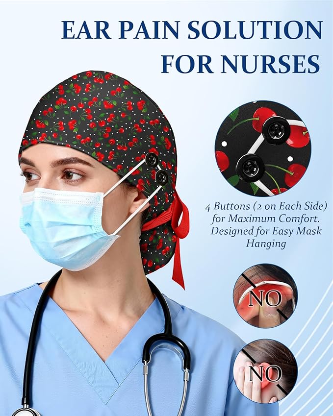 Plifal 100% Cotton Scrub Cap with Buttons-Nurse Cap with Sweatband for Women, Adjustable Working Hat,Satin Lined or Unlined