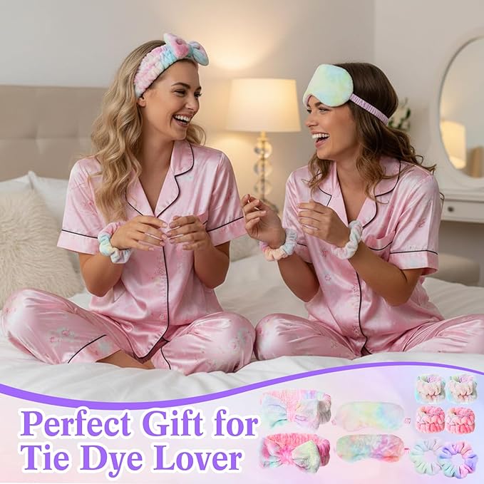 Hoteam 10 Pcs Spa Party Supplies Gift for Mother's Day Sleepover Party Favor Spa Headband Wristband Sleep Eye Mask Velvet Scrunchies for Skin Care Makeup Slumber Night Favor(Tie Dye Rainbow)
