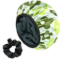 Satin Shower Cap, Three-Layer Terry Cloth Lined, with Silk Hair Ties, Microfiber Waterproof Reusable Large Size Shower Cap for Women Long Thick Hair (Green Flower)