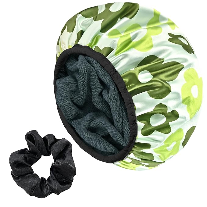 Satin Shower Cap, Three-Layer Terry Cloth Lined, with Silk Hair Ties, Microfiber Waterproof Reusable Large Size Shower Cap for Women Long Thick Hair (Green Flower)