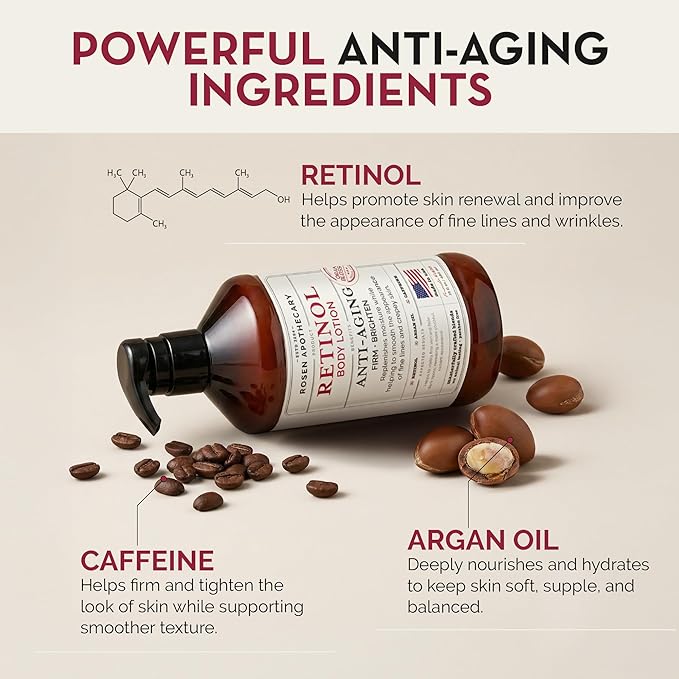 Rosen Apothecary Anti-Aging Retinol Body Lotion for Crepey Skin, Caffeine Firms & Tightens Aging Skin, Boosts Collagen, Restores Youthful Glow, 480ml