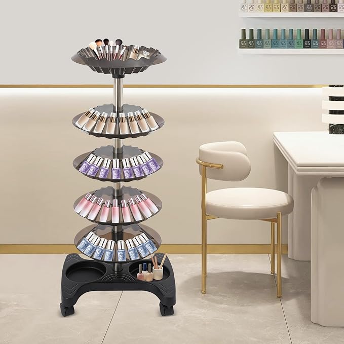 Nail Polish Trolley Organizer, 5 Tiers 360° Rotating Tray Nail Polish Spinning Rack Display Stand with Wheels, Display Rolling Cart for Spa Home Use