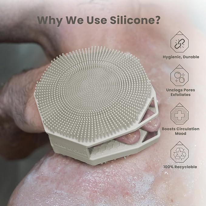 iTokGoK® Premium Silver-Infused 2-in-1 Silicone Body Scrubber, Double-Sided Design Body Brush Body Scrubber Exfoliating Body Brushes for Sensitive Skin for Showering, Silicone Loofah - Stone