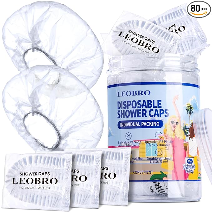 LEOBRO Shower Cap, 80PCS Individually Wrapped Disposable Shower Caps for Women, Plastic Shower Caps Disposable, Plastic Hair Caps, Clear Shower Cap for Travel, Deep Conditioning, Hotel, 17.3 INCH