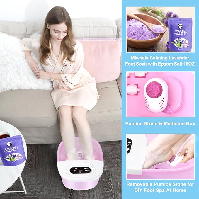 Foot Spa Bath Massager with Heat Bubbles and Vibration Massage and Jets, 16 OZ Calming Lavender Foot Soak Epsom Salt, Miwhale Foot Soaker with Red Light, 22 Massage Rollers, Adjustable Temp - Pink