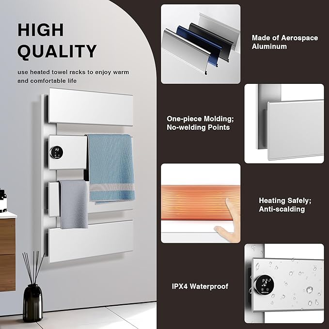 K&KALONZO Electric Towel Warmer, 18.35" W x 31" H Wall-Mounted Towel Heater with Built-in Timer, Waterproof Aluminum Towel Warmer for Bathroom, Support Plug-in and Hardwired, Silver, K4-L-S