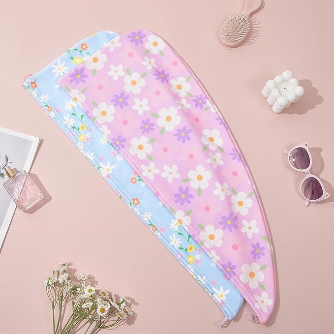 Unicorn Castle Microfiber Hair Towel for Kids 2Pack Hair Wrap Towels Absorbent Hair Drying Towel Wrap Hair Turbans for Curly Thick Hair,Purple Blue Flower
