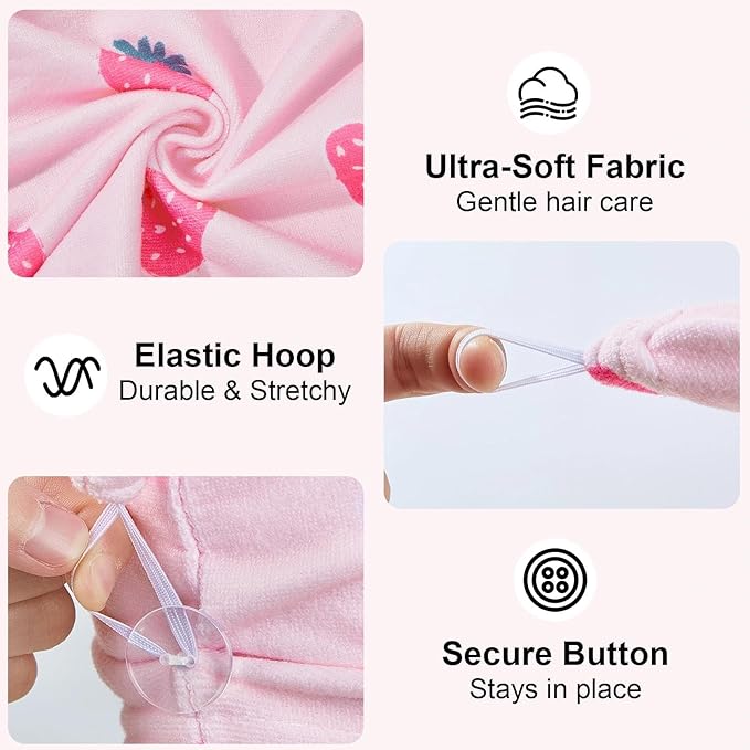 2 Pack Microfiber Hair Towel Wrap for Girls, Quick Dry Hair Turban for Kids, Absorbent Frizz-Free Hair Drying Towel with Button for Long Thick Curly Hair, Pink White Strawberries